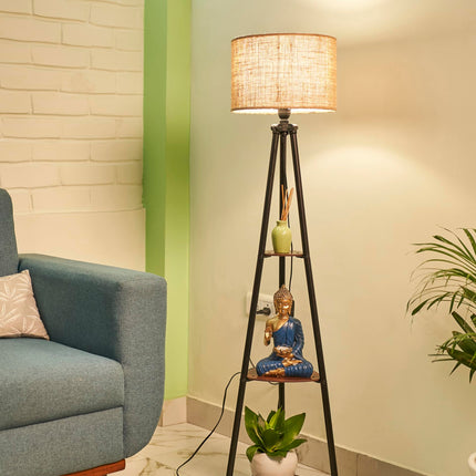 Crosscut Furniture Metal Floor Lamp with 3 Shelves (Brown Jute). LED Bulb Included. 