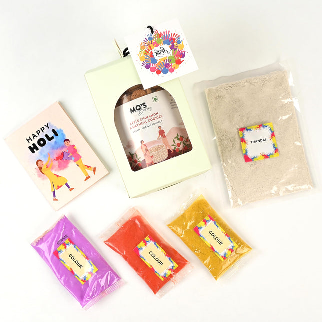 Mo's Bakery Holi Blue Gift Box with Apple Cinnamon & Oatmeal Cookies, Holi Colours and Thandai Mix | Cookies Gift Box for Holi | Herbal Gulal 15g x 3 colours | Holi Corporate Gift Box | Gift For Holi Festival | Herbal and Natural Colors 