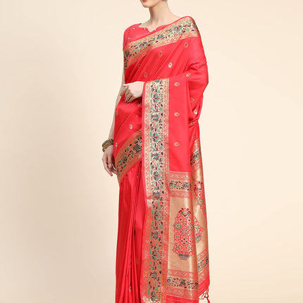 SGF11 Women's Kanjivaram Paithani Soft Lichi Silk Sarees With Blouse Piece (Red) 