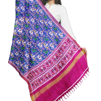 Garvi Gurjari Blue and Magenta Handwoven Double Ikat Silk Dupatta | Handloom Dupatta | Patan Patola | Length 2.5mtr 