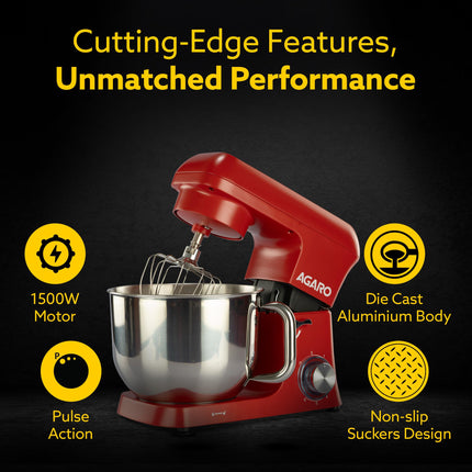 AGARO Supreme Stand Mixer 1500W with 6.2L SS Bowl, 6 Speed Setting, Pulse Function, Die Cast Aluminium Body, Copper Motor, Whisk, Mixing Beater, Dough Hook, Transparent Bowl Cover, Red 