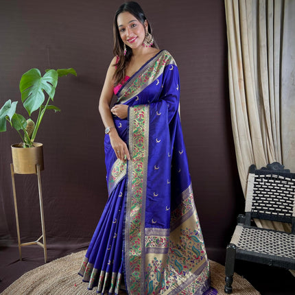 SGF11 Women's Kanjivaram Paithani Soft Silk Handloom Saree With Unstitched Blouse Piece (Violet) 