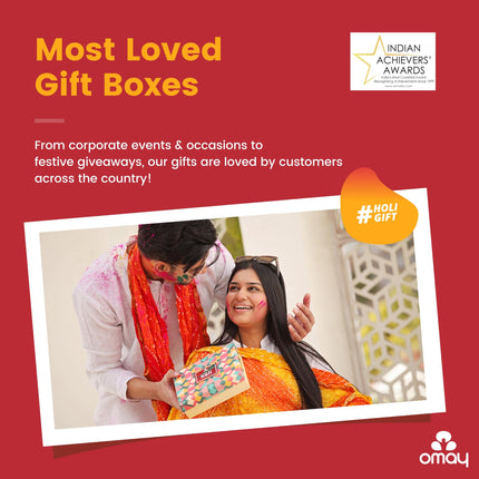 Omay Foods 10 pcs_ROYAL HOLI Gift Hamper | Premium Holi Gift Box with Herbal Gulal, Thandai, Roasted Healthy Snacks & Chocolate | Festive Holi Hamper for Clients, Employees & Friends | Corporate Holi Gift | Special Holi Celebration Pack | Gourmet Holi Gif 