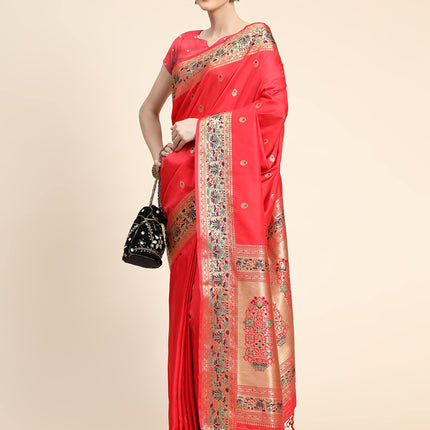 SGF11 Women's Kanjivaram Paithani Soft Lichi Silk Sarees With Blouse Piece (Red) 