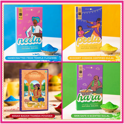 Phool Rang Utsav Natural Gulaal Collection - 3 Vibrant Colors of Skin-Safe Gulaal (100 gm Each) with Kesar Badam Thandai Powder, Kimirica Shower Gel & Holi Greeting Card 