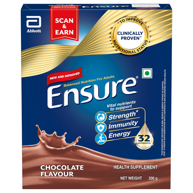 Ensure Complete, Balanced Nutrition Drink For Adults 200g, Chocolate Flavour, Now With A Special Ingredient HMB And 32 Essential Nutrients To Help Build & Protect Muscle Strength 