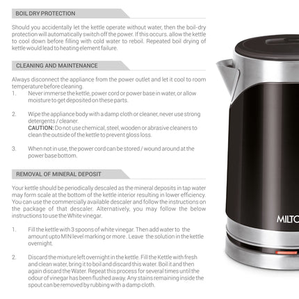 Milton Euroline Vienna Electric 1.8 Stainless Steel Electric Kettle, 1 Piece, 1.8 Litre, Black, Power Indicator, 1500 Watts, Double Walled, Auto Cut-off 