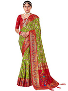 AKHILAM Women's Soft Patola Silk Ikat Print Golden Zari Border Saree With Unstitched Blouse Piece (Green_SMNGLM1002_SS) 