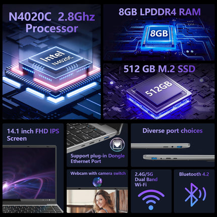 FOLINHAM 14.1 Inch Laptop PC, 8GB RAM 512GB SSD Windows 11 Pro Notebook Computer, FHD 1920x1080 Display, Celeron Processor Up to 2.8GHz, USB 3.0, Type-C, Mini-HDMI, 2.4/5G WiFi, BT4.2, 7.6V/5000mAh 