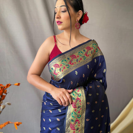 SGF11 Women's Paithani Soft Lichi Silk Kanjivaram Sarees With Blouse Piece (Dark Blue) 