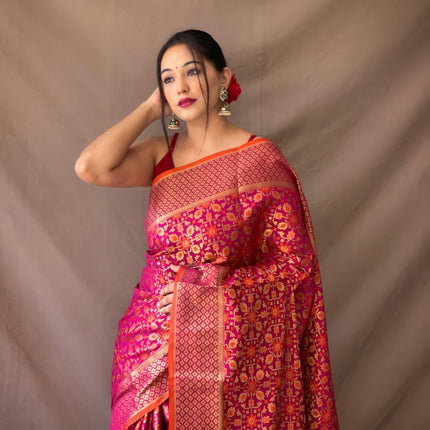 SGF11 Women's Kanjivaram patola Soft Lichi Silk Sarees With Unstitched Blouse Piece (Wine/Orange) 