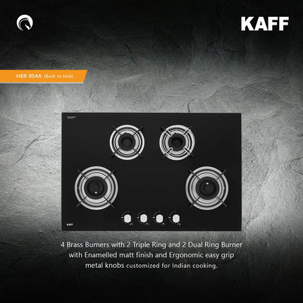 KAFF Built-in Hobs 4 Burners, Auto Electric Ignition Glass Top, 80 CM, Powerful Brass Burners, 8 MM Thick Toughened Glass, Enamelled Matt Grills (Black) | HBR 804 