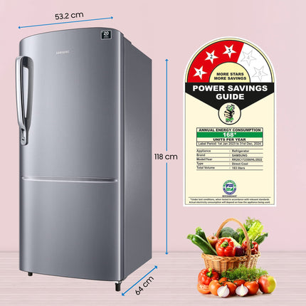 Samsung 183 L, 3 Star, Digital Inverter, Direct-Cool Single Door Refrigerator (RR20C1723S8/HL, Silver, Elegant Inox) 