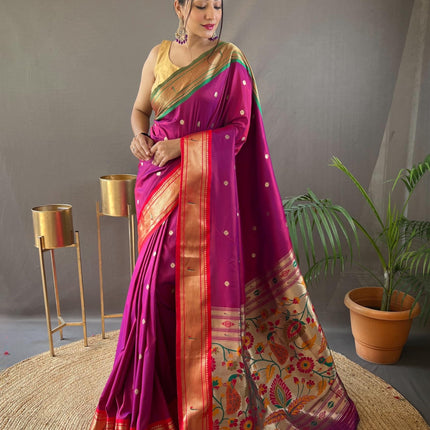 SGF11 Women's Paithani Soft Silk Kanjivaram Sarees With Blouse Piece (Dark Pink) 