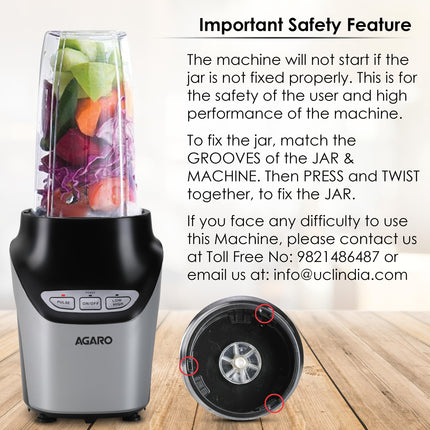 AGARO Marvel Nutri Blender, BPA Free 2 Tritan Jars, 1000W, 100% Copper Motor, 2 Speed Modes with Pulse, Detachable Base, Stainless Steel Blades, Blend, Mix, Grind, Smoothie, Juice Maker, Black 