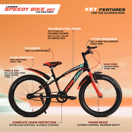 Leader Speedy Bike 20T Kids Cycle for Age 6 to 9 Years (Black/Orange) | Frame Size 12" | Unisex Cycle 