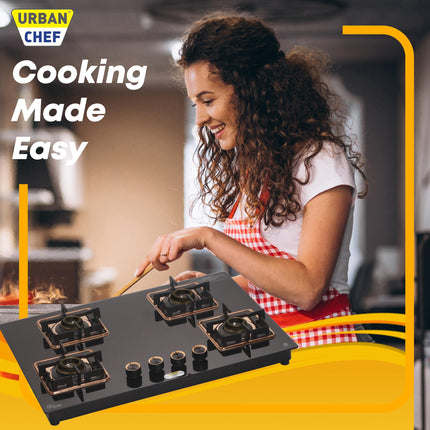 Urban Chef Gas Stove 4 Burners Glass Top | ISI Certified 4 Burner Stoves | Gas Chulha LPG & PNG Compatible | Burner Auto Ignition Cooktop | Easy Grip Knobs,7mm Thick Toughened Glass (Hob Top-Rose Gold 