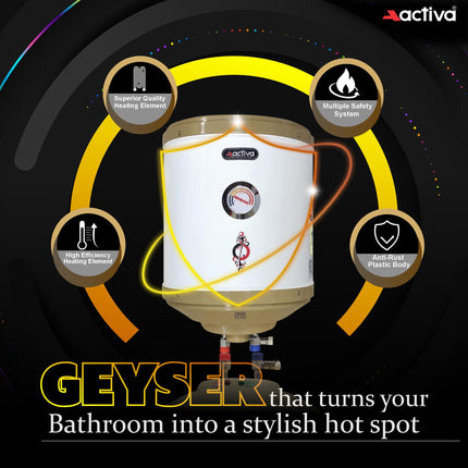 Activa 15L Water Heater Geyser with Temperature Meter, 2 KVA ISI Cooper Element, 0.75mm Anti Rust Coated Tank, ABS Body, BEE 5 Start Rated, Adjustable Thermostat, Free Instalation Kit, 5 Year Warranty 