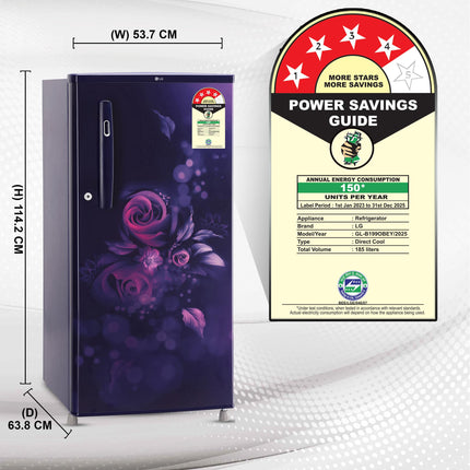 LG 185 L, 4 Star, Smart Inverter, Direct-Cool Single Door Refrigerator (GL-B199OBEY, Blue Euphoria, Smart Connect & Fast Ice Making) 