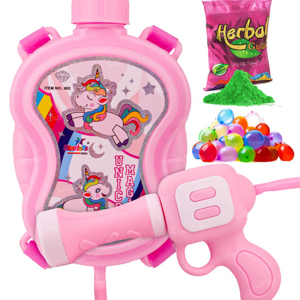 Zest 4 Toyz Holi Water Pichkari for Kids Unicorn Back Holding Tank Water Gun with 100 Water Balloons and Herbal Gulal for Holi Celebration 