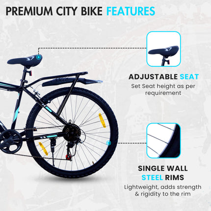 EAST COAST Premium City 7 Speed Cycle/Bicycle | 26T Mountain Bike | Hardtail Cycle with 18.5 Inch Frame, Caliper Brake, with Carrier, Ideal for 15+ Years (Black) 