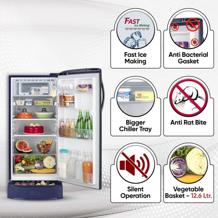 LG 185 L, 5 Star, Smart Inverter Compressor, Direct Cool Single Door Refrigerator (GL-D201ABIU.BBIZEBN, Blue ILAN, Moist N Fresh, Auto Smart Connect & Base Stand Drawer) 