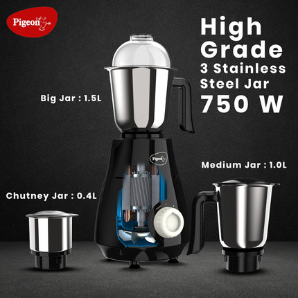Pigeon by Stovekraft VIN Mixer Grinder Machine for Kitchen | 750 Watts | 3 MultiPurpose Jars for Juicing | Chutney Making | Dry Grinding | Wet Grinding | Mincing | Blender | Mixer | 2 Year Warranty 