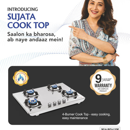 Sujata Robusto Gas Stove 4 Burners | 9 Years Warranty, ISI Certified | 4 Burner Gas Stove Stainless Steel Auto Ignition, LPG Ready & PNG Compatible, SABAF, 360° Rotating Nozzle, Jumbo Brass Burner 