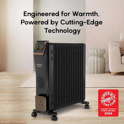 Havells 13 Fin Hestio Straight Fin OFR (Oil Filled Radiator)|Room Heater|2900 W|3 Heat Settings & PTC Fan Heater|Inclined Control Panel|Retractable Wheels| Comfortable Breathing|360° Heating (Black) 