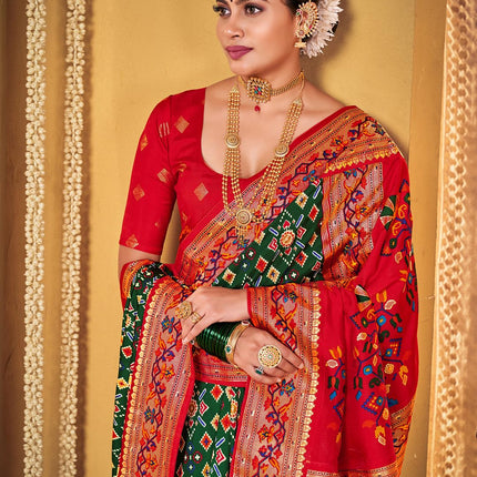 AKHILAM Women's Soft Patola Silk Ikat Print Golden Zari Border Saree With Unstitched Blouse Piece (Green_SMNGLM1005_SS) 