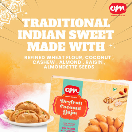 Om Sweets & Snacks Dry Fruit Coconut Gujiya | Gujiya Sweets | Holi Sweets | Fresh Indian Traditional Mithai | Holi Gift Hamper | Ready to Eat | Tasty & Healthy | Gujiya Pack of 2 x 400g 