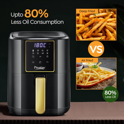 Prestige Nutrifry Electric Digital Air Fryer| 80% less Oil Consumption|4.5L Capacity |1200 Watts Power|Fry,Grill,Roast,Bake,Reheat|Digital Display with 8 Preset Menu|Easy to Clean Frying Basket|Black 