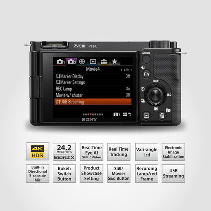 Sony Alpha ZV-E10 24.2 Mega Pixel Interchangeable-Lens Mirrorless vlog Camera, Made for Creators | APS-C Sensor |Advanced Autofocus | Clear Audio & 4K Movie Recording (Body Only) – Black