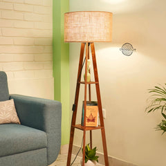 Crosscut Furniture Wooden Floor Lamp with Shelf (Natural Jute). LED Bulb Included 