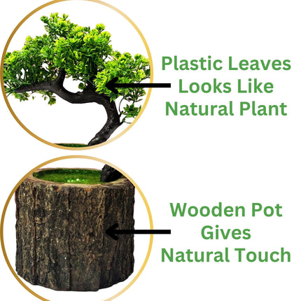 Dekorly Plastic Small Artificial Plant Bonsai Tree Fake Plant Potted House Plants Japanese Pine Bonsai Plant Faux Bonsai For Home Indoor Decoration Office(Wooden Potted Plants,Design-H) 