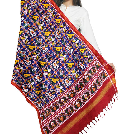 Garvi Gurjari Blue and Red Handwoven Double Ikat Silk Dupatta | Handloom Dupatta | Patan Patola | Length 2.5mtr 