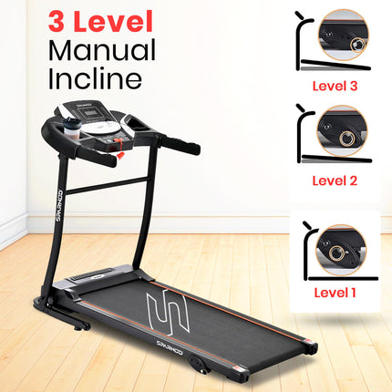 Sparnod Fitness STH-1200 Motorized Treadmill for Home Use, 4 HP Peak DC Motor, 12 km/hr Speed, 110 kg Max User Weight, 12 Preset Workouts, Manual Incline, Hi-Fi Speaker, Safety Key,Black 