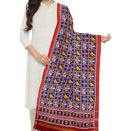 Garvi Gurjari Blue and Red Handwoven Double Ikat Silk Dupatta | Handloom Dupatta | Patan Patola | Length 2.5mtr 