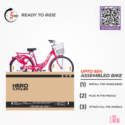 Hero Alora 26T Girls/Women's Cycle – 18" Frame, Pink, with Basket & Carrier | Wire Brakes | Rigid Fork | for 13+ Years | 95% Assembled – Ready to Ride in 5 Mins 