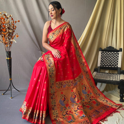 SGF11 Women's Paithani Soft Lichi Silk Kanjivaram Sarees With Blouse Piece (Red) 