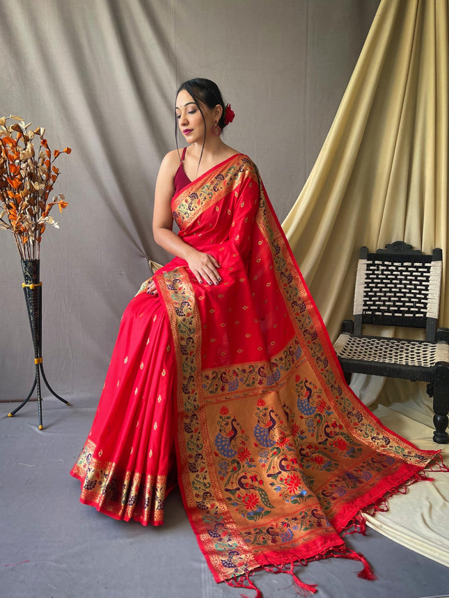 SGF11 Women's Paithani Soft Lichi Silk Kanjivaram Sarees With Blouse Piece (Red) 