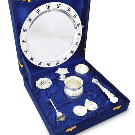 BENGALEN Pooja Thali Set Silver Plated with Blue Gift Box Designed Puja Plate Kalash Bowl Haldi Kumkum Stand Ghanti Dhup Dan Palli Diya for Home Office Diwali Wedding Return Gifts 