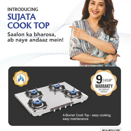 Sujata Sterno Auto Ignition Gas Stove | 9 Years Warranty | Gas Stove 4 Burners Steel Body, SABAF, ISI Certified, LPG & PNG Compatible, Jumbo Brass Burners (Stainless Steel) 