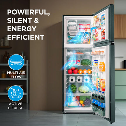 Midea 253 L,2 Star Frost Free Double Door Refrigerator with real Inverter Compressor, Deo Fresh TechnologyEnergy Efficient,Stabilizer Free Operation, Adjustable Shelves (MDRT350FGI50, Crystal Silver) 