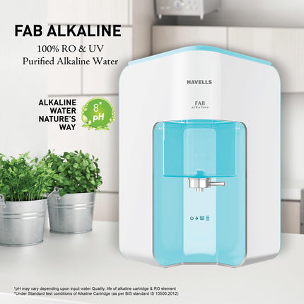 Havells Fab Alkaline Water Purifier (White & Sky Blue), RO+UV+Alkaline, Filter Alert, Copper+Zinc+Minerals, 7 Stage Purification, 7L Tank, Suitable for Borwell, Tanker & Municipal Water 