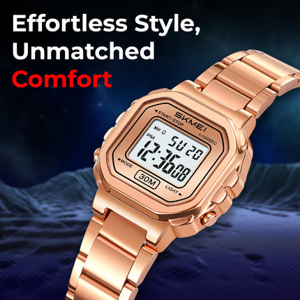 SKMEI New Launch Women's Digital Watch, White Dial Zinc Alloy Case Women's Watch, Stainless Steel Rose Gold Band, LED Display, Waterproof 30M, Alarm & Stopwatch, Fashion for Casual & Dress Wear - 2387