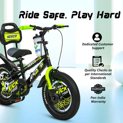 VESCO Kick Pro 14 T Kids Cycle with Balance Wheel & Back Rest Seat/Water Bottle | Frame 9 Inch | Ideal for 3 to 5 Years Boys & Girls (Green) 