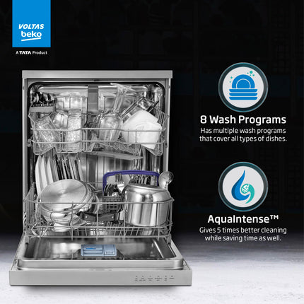 Voltas Beko 14 Place Setting Dishwasher, AquaFlex, AquaIntense (DF14S2,Silver), Free 1 Year Extended warranty 