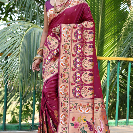 SGF11 Women's Kanjivaram Paithani Silk Saree Pure Golden Zari With Blouse Piece(Rani Pink) 