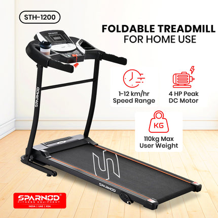 Sparnod Fitness STH-1200 Motorized Treadmill for Home Use, 4 HP Peak DC Motor, 12 km/hr Speed, 110 kg Max User Weight, 12 Preset Workouts, Manual Incline, Hi-Fi Speaker, Safety Key,Black 